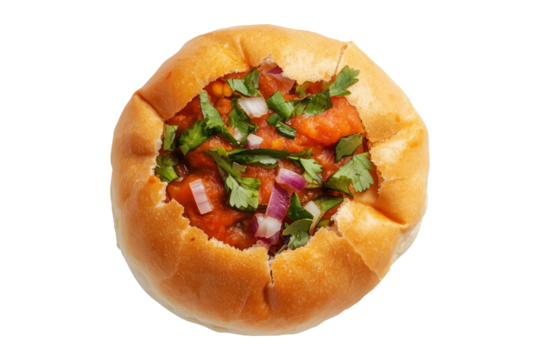 Indian Vada pav bread stuffed with spicy vegetable curry, garnished with onions and herbs, isolated on white transparent background, concept of street food