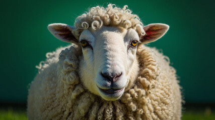 Fototapeta premium Fluffy sheep portrait against green background eid ul adha