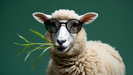 Obraz premium Stylish sheep wearing glasses eats grass eid ul adha
