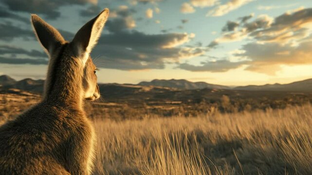 A kangaroo is standing in a field with a cloudy sky in the background. Scene is peaceful and serene, as the kangaroo looks out over the vast landscape