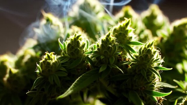 Close-up of cannabis buds, lush green foliage, and subtle smoke
