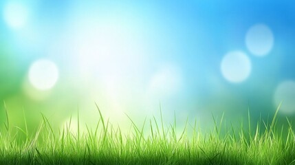 Obraz premium Spring Meadow Lush Green Grass Against a Bright Bokeh Background, Nature Photography, Panoramic Composition Nature, Spring