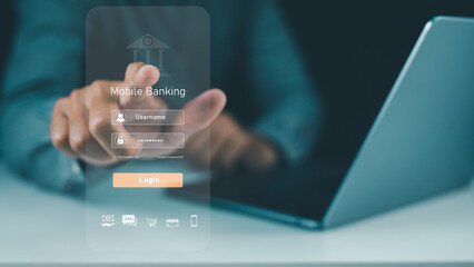 A person interacts with a virtual mobile banking login screen on a laptop, emphasizing digital security and online finance.