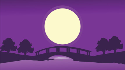 Silhouette of Bridge Under Big Moon and Silhouette of Trees, background with nature concept