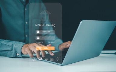 A person logging into a mobile banking app on a laptop, focusing on digital security and online banking access.