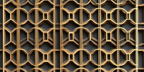 Gold geometric pattern on dark background; intricate, repeating design of interlocking rounded shapes, creating a layered, textured effect