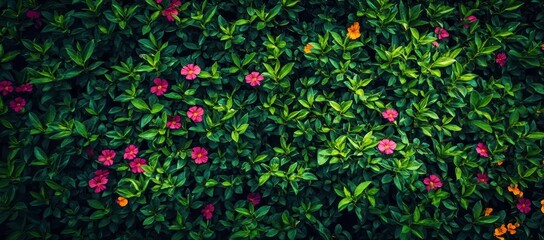 Lush green foliage densely covered with vibrant pink and scattered orange blossoms