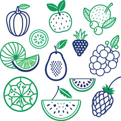 Line art color fruit icon set