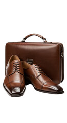 Isolated Photo of Brown Leather Shoes and Briefcase against Transparent Background
