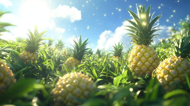 Lush pineapple field under a bright sunny sky