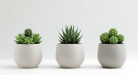 Three potted succulents Echeveria Haworthia and Mammillaria in minimalist pots