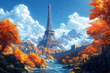 Autumnal Paris Eiffel Tower, mountain backdrop, river, people
