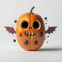 3D cartoon pumpkin with spooky face, big eyes, sharp teeth, and bat wings. Halloween-themed character with playful, creepy expression, ideal for festive decorations, kids content, and seasonal design.