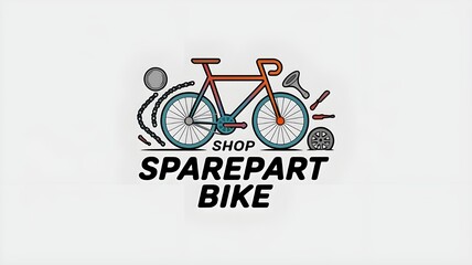 Colorful logo illustration of a bike with various spare parts and tools surrounding it. Perfect for bicycle repair shops, cycling gear stores, or mechanic branding and marketing.