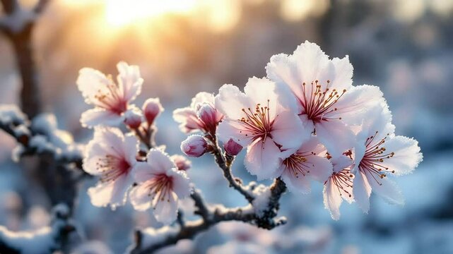 Delicate blossom branch blossoms in soft sunlight during a winter day