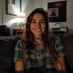 A woman is sitting on a couch and smiling. She is wearing a plaid shirt and has long hair
