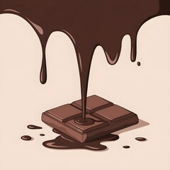 Stylized illustration of rich melted chocolate dripping onto a square chocolate bar, creating a smooth splash. Sweet and indulgent dessert concept in a clean, minimal art style.