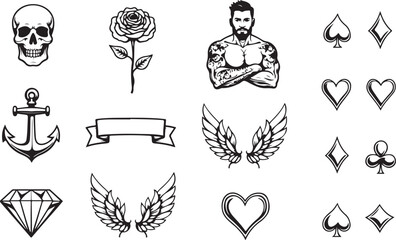 Fototapeta premium Grid of Tattoo-Style Designs Featuring Skulls, Roses, and Symbols