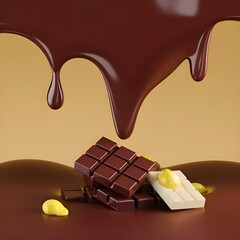 Delicious 3D render of melting dark chocolate dripping over stacked chocolate bars with white chocolate and yellow cream. Sweet, indulgent dessert concept on a soft brown background.