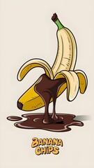 Vector illustration of a peeled banana dripping in chocolate with text "Banana Chips". Ideal for snack packaging, branding, food products, or playful fruit-themed designs.