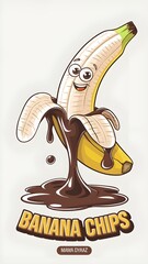 Playful cartoon banana character covered in rich chocolate, smiling with expressive eyes. Perfect for snack branding, banana chips packaging, or fun food illustrations. Text reads “Banana Chips – Mama