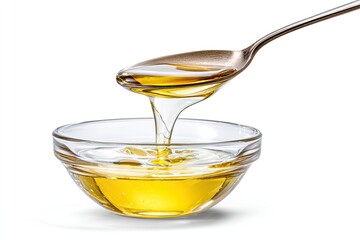 Cooking oil being poured from a spoon into a small bowl