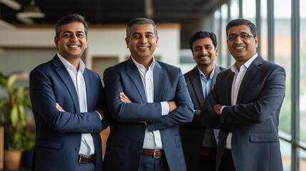 Group of four smiling Indian businessmen in suits standing with arms crossed in modern office environment
