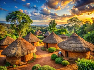 Stunning African Village at Sunset with Traditional Round Houses
