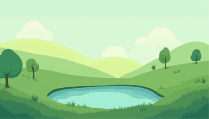 Obraz premium Green landscape with pond and hills illustration