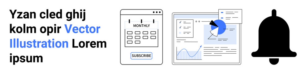Digital calendar with subscription option, analytics dashboard, pie chart, and notification bell. Ideal for planning, organization, data analysis, business tools, productivity notifications simple