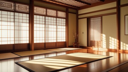 Fototapeta premium Serene Japanese interior featuring tatami mats and shoji screen windows casting sunlight