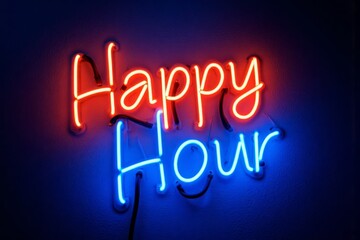 Neon sign with the words "Happy Hour" in red and blue.