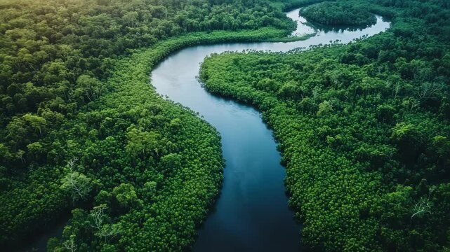 A river with a green forest on both sides. The water is calm and clear. The trees are lush and green, and the sky is blue. The scene is peaceful and serene