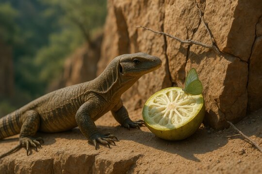 Indian monitor lizard beside cracked rock face with sliced chalta fruit and green butterfly in dry hillside terrain

