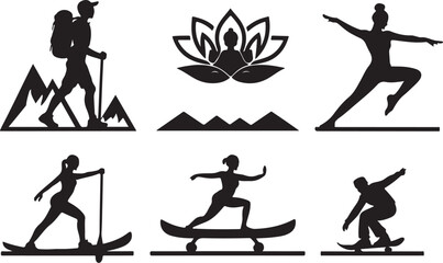 Obraz premium Collection of Six Black Silhouettes Featuring Yoga, Snowboarding, and Mountain Imagery