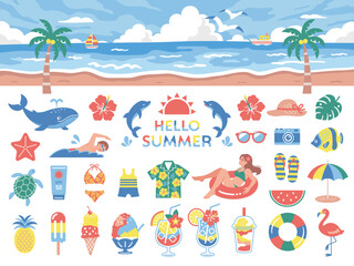 Summer Beach and Vacation Icon Set – Flat Cute Style 