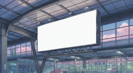 Anime Style Blank Billboard Mockup at Modern Train Station Platform - Ideal for Advertising