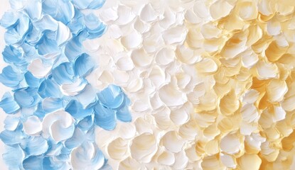 Textured abstract painting in pastel blue, white, and yellow hues, featuring impasto style with petal-like brushstrokes creating a vertical tricolor composition