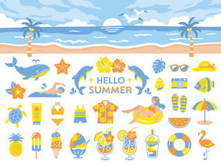 Summer Beach and Vacation Icon Set – Flat Cute Style 