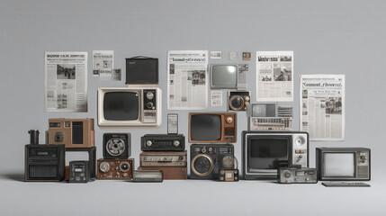 A visual metaphor showing traditional media like newspapers, TV, and radios fading into the background, while modern digital devices take center stage. This image highlights the shift from traditional