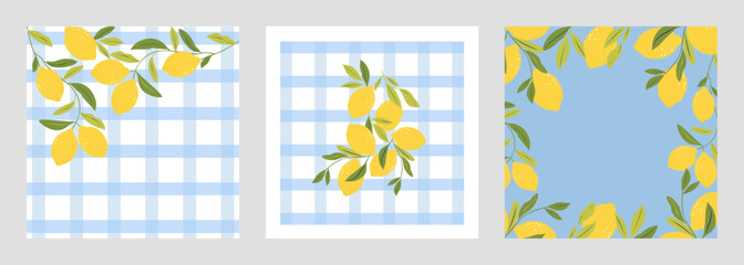 Lemon cards. Cards with branches and lions. Lemon fruit with floral background. Set of lemon elements for wedding invitations, greeting cards, vouchers, brochures and banner designs.