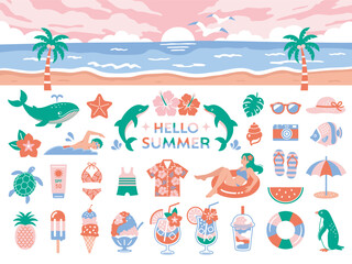 Obraz premium Summer Beach and Vacation Icon Set – Flat Cute Style 