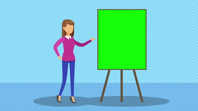Flat design 2D Woman Character appears on screen bringing attention to a green screen board for presentation Concept Animation