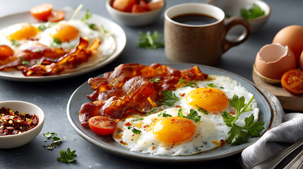 Delicious breakfast spread featuring eggs and bacon home kitchen food photography cozy atmosphere top view culinary delight