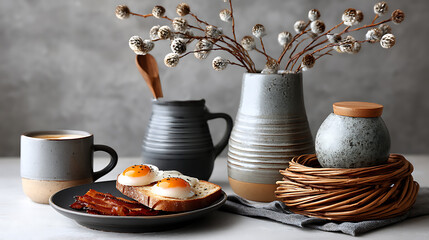 Fototapeta premium Breakfast preparation with eggs and bacon kitchen table food photography cozy environment top view culinary concept