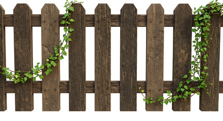 Naklejka premium Weathered wooden fence adorned with vibrant green ivy tendrils and leaves