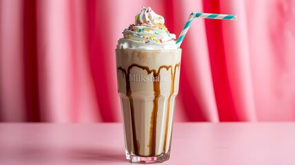 Delicious Vanilla Milkshake with Whipped Cream and Sprinkles on Pink Background