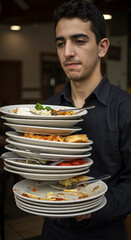 Lots of dirty plates with leftovers in waiter hands