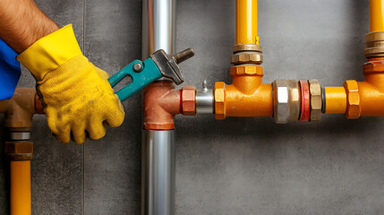 Plumber Adjusting a Valve on Industrial Pipes
