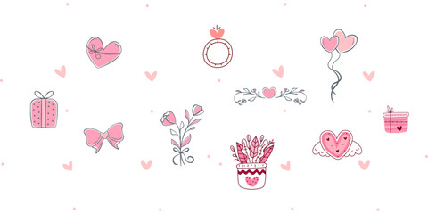 Wedding Day seamless pattern with pink hearts gifts and romantic doodles vector illustration